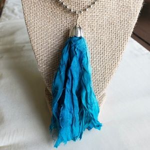 Blue Sari Satin Tassel Boho Necklace